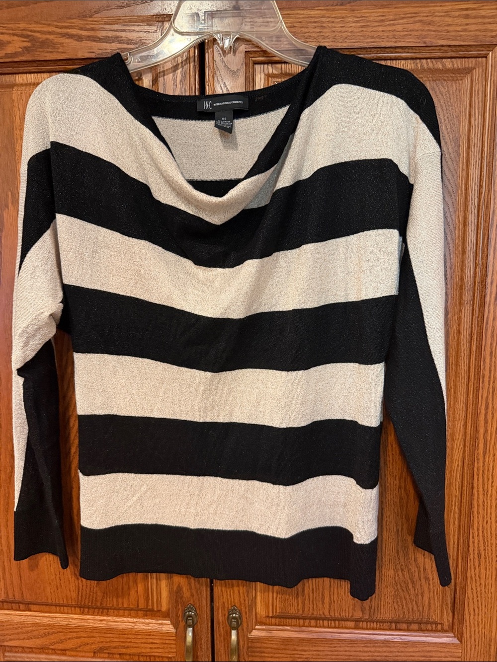 INC International Concepts Black & Cream Striped Cowl-Neck Sweater
